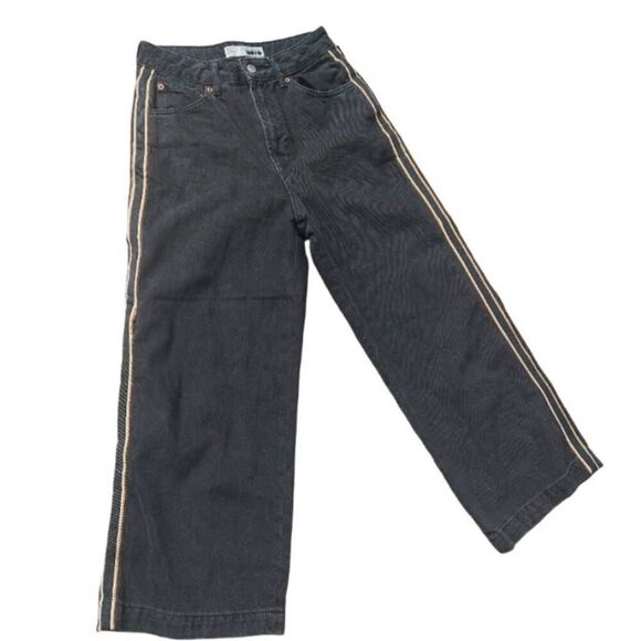 TOPSHOP MOTO Black Wide Leg Crop Jeans Gold Side Stripe 26 - Picture 6 of 13